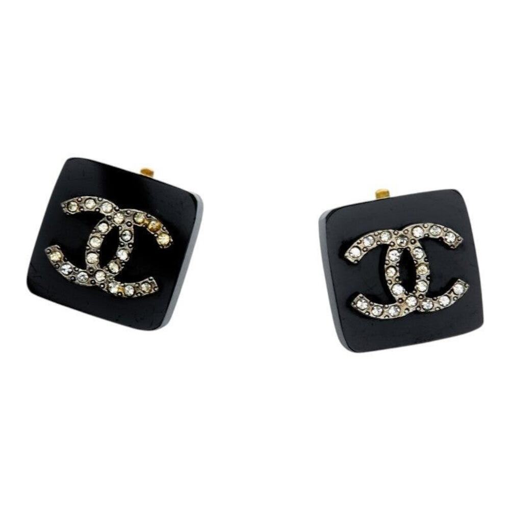 Chanel CC Logo Square Earrings Plastic Rhinestone Black